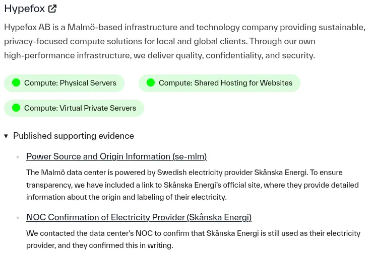Green Web Foundation database entry confirming Hypefox as a verified green hosting provider